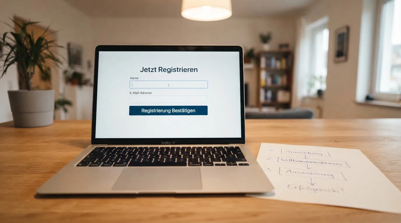 Nahaufnahme eines Laptop-Bildschirms mit einem Formular zur Kontoeroeffnung, daneben ein Blatt Papier mit einer handgezeichneten Ablaufskizze.