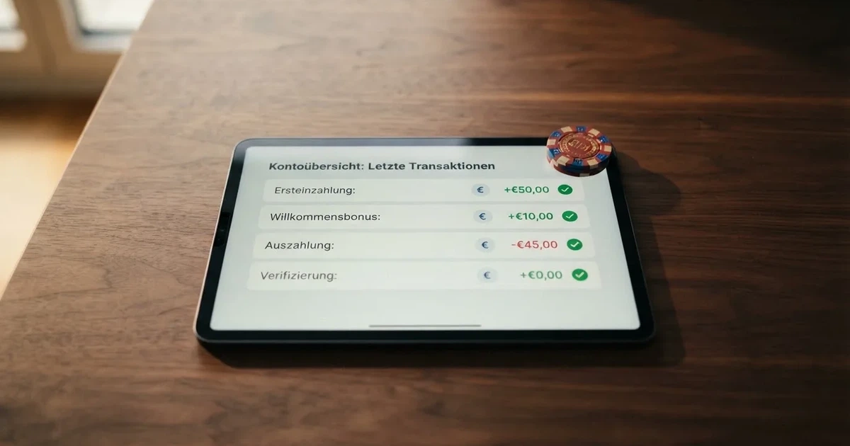 Nahaufnahme eines Tablet-Bildschirms mit einer Transaktionsliste, in der Einzahlung, Bonusgutschrift und Auszahlungsstatus untereinander aufgefuehrt sind.