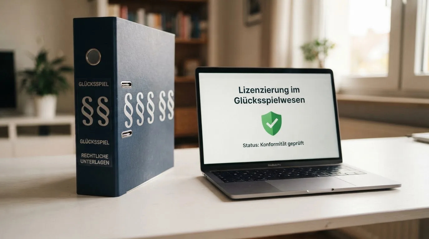 Nahaufnahme eines Aktenordners mit Paragraphenzeichen auf dem Ruecken, daneben ein aufgeklapptes Notebook mit einer Uebersichtsliste lizenzierter Anbieter.