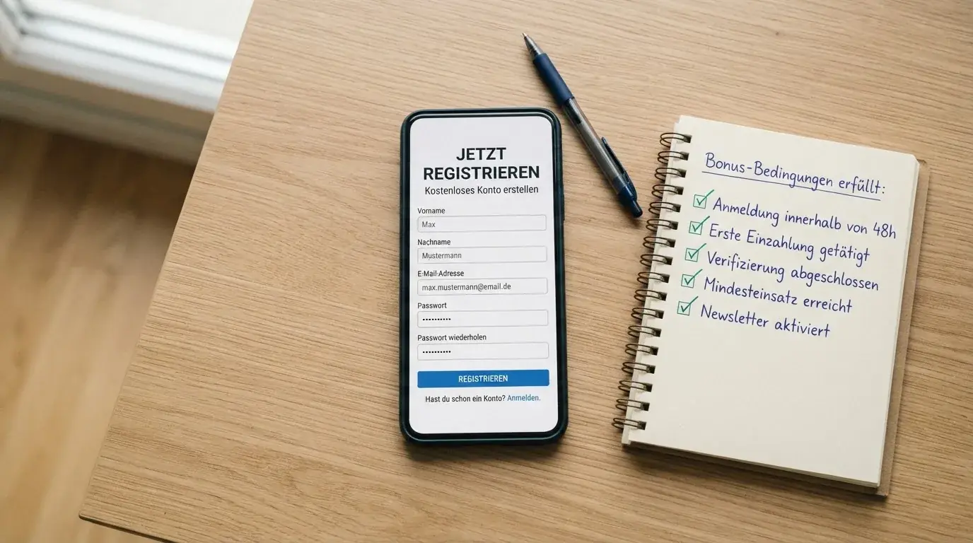 Draufsicht auf ein Smartphone mit einer geoeffneten Registrierungsmaske fuer ein Spielerkonto, daneben ein Notizblock mit handschriftlichen Bonusbedingungen.