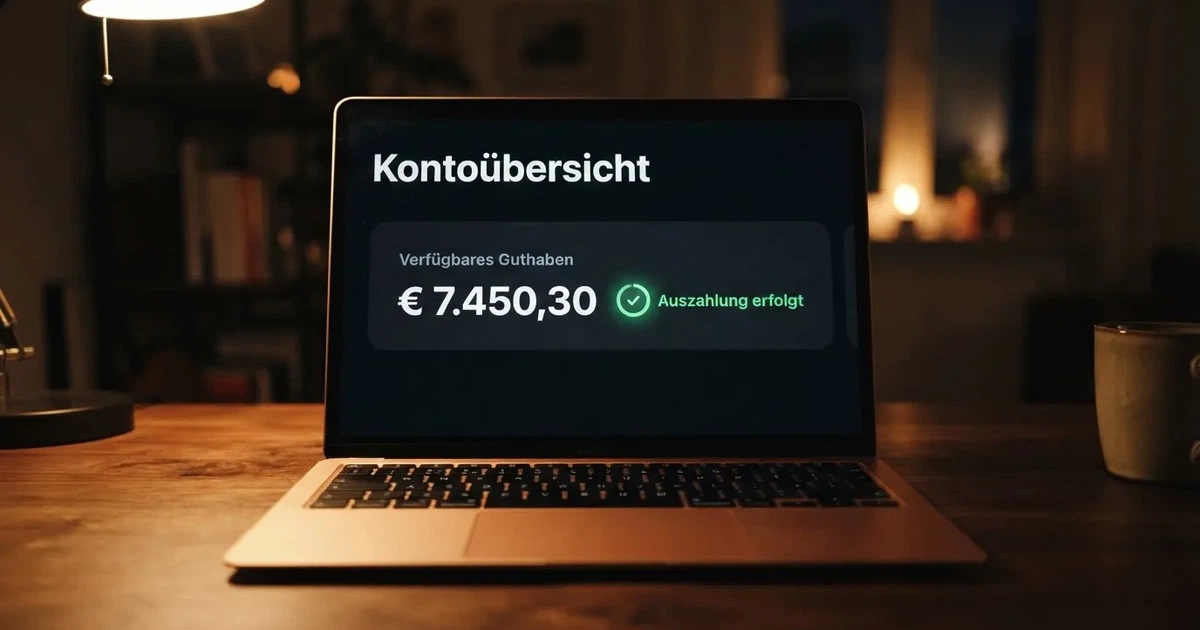 Nahaufnahme eines Laptop-Bildschirms mit einer Kontouebersicht, auf der ein Guthabenbetrag in Euro und ein Auszahlungsstatus zu sehen sind.