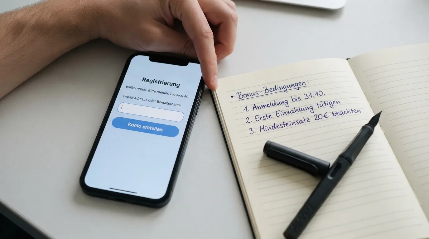 Draufsicht auf ein Smartphone mit einer geoeffneten Registrierungsmaske fuer ein Spielerkonto, daneben ein Notizblock mit handschriftlichen Bonusbedingungen.