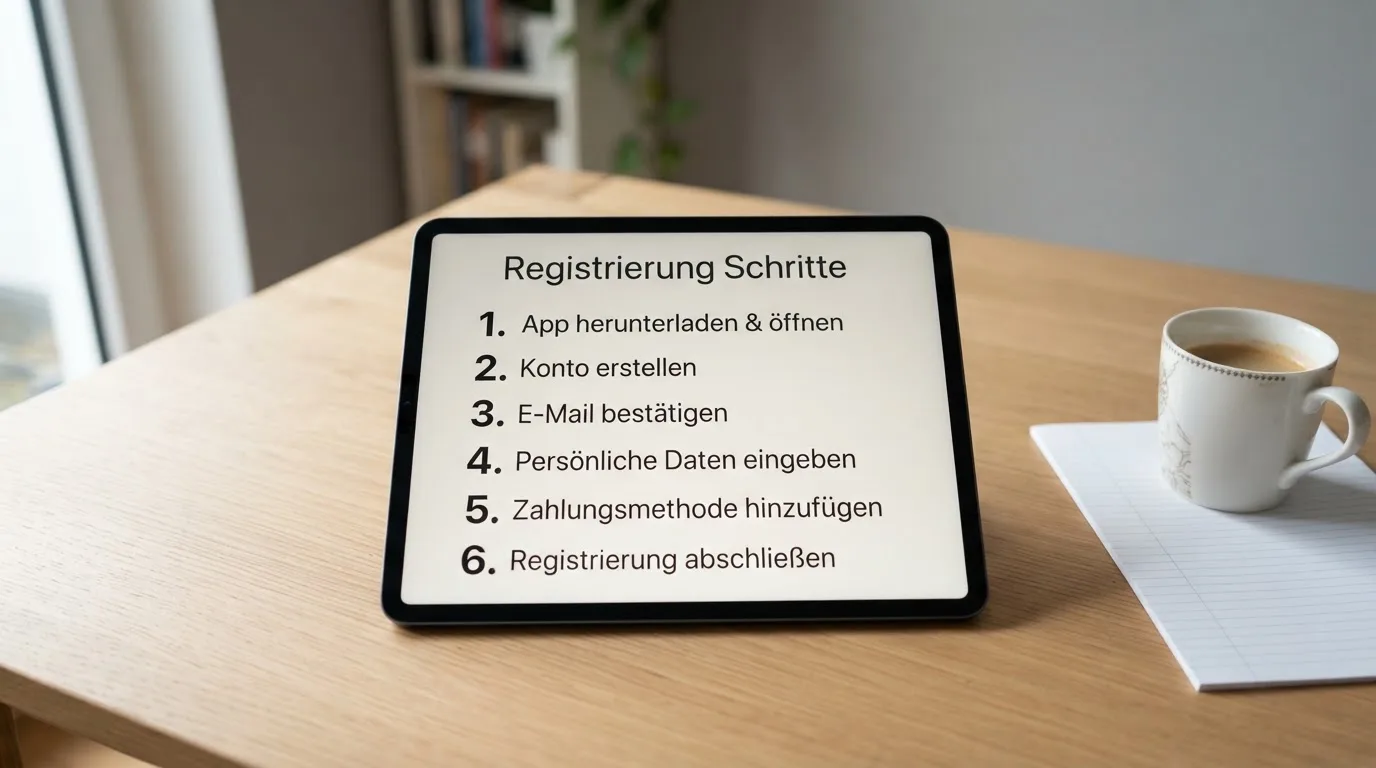 Schreibtisch mit einem Tablet, auf dem ein Schema mit nummerierten Schritten eines Anmeldevorgangs zu sehen ist, daneben ein Kaffeebecher.