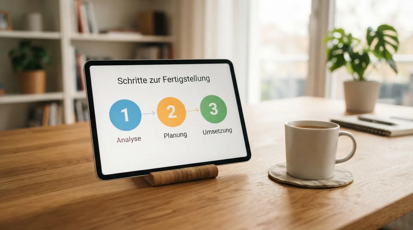 Schreibtisch mit einem Tablet, auf dem ein Schema mit nummerierten Schritten eines Anmeldevorgangs zu sehen ist, daneben ein Kaffeebecher.
