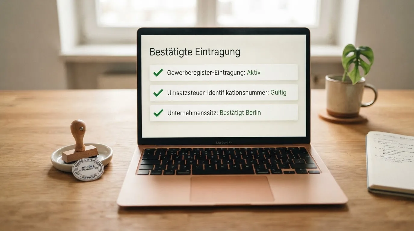 Schreibtisch mit einem gedruckten Amtsdokument, einem Stempel und einem Bildschirm, auf dem eine offizielle Whitelist-Tabelle angezeigt wird.