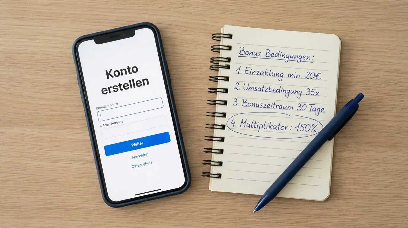 Draufsicht auf ein Smartphone mit einer geoeffneten Registrierungsmaske fuer ein Spielerkonto, daneben ein Notizblock mit handschriftlichen Bonusbedingungen.