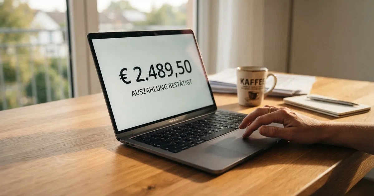 Nahaufnahme eines Laptop-Bildschirms mit einer Kontouebersicht, auf der ein Guthabenbetrag in Euro und ein Auszahlungsstatus zu sehen sind.