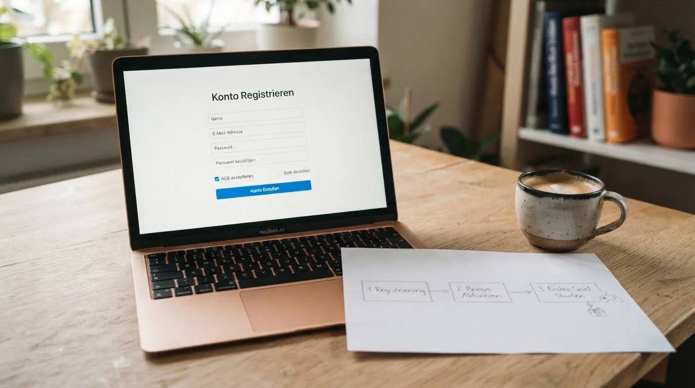 Nahaufnahme eines Laptop-Bildschirms mit einem Formular zur Kontoeroeffnung, daneben ein Blatt Papier mit einer handgezeichneten Ablaufskizze.