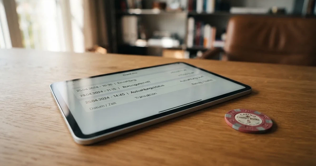 Nahaufnahme eines Tablet-Bildschirms mit einer Transaktionsliste, in der Einzahlung, Bonusgutschrift und Auszahlungsstatus untereinander aufgefuehrt sind.