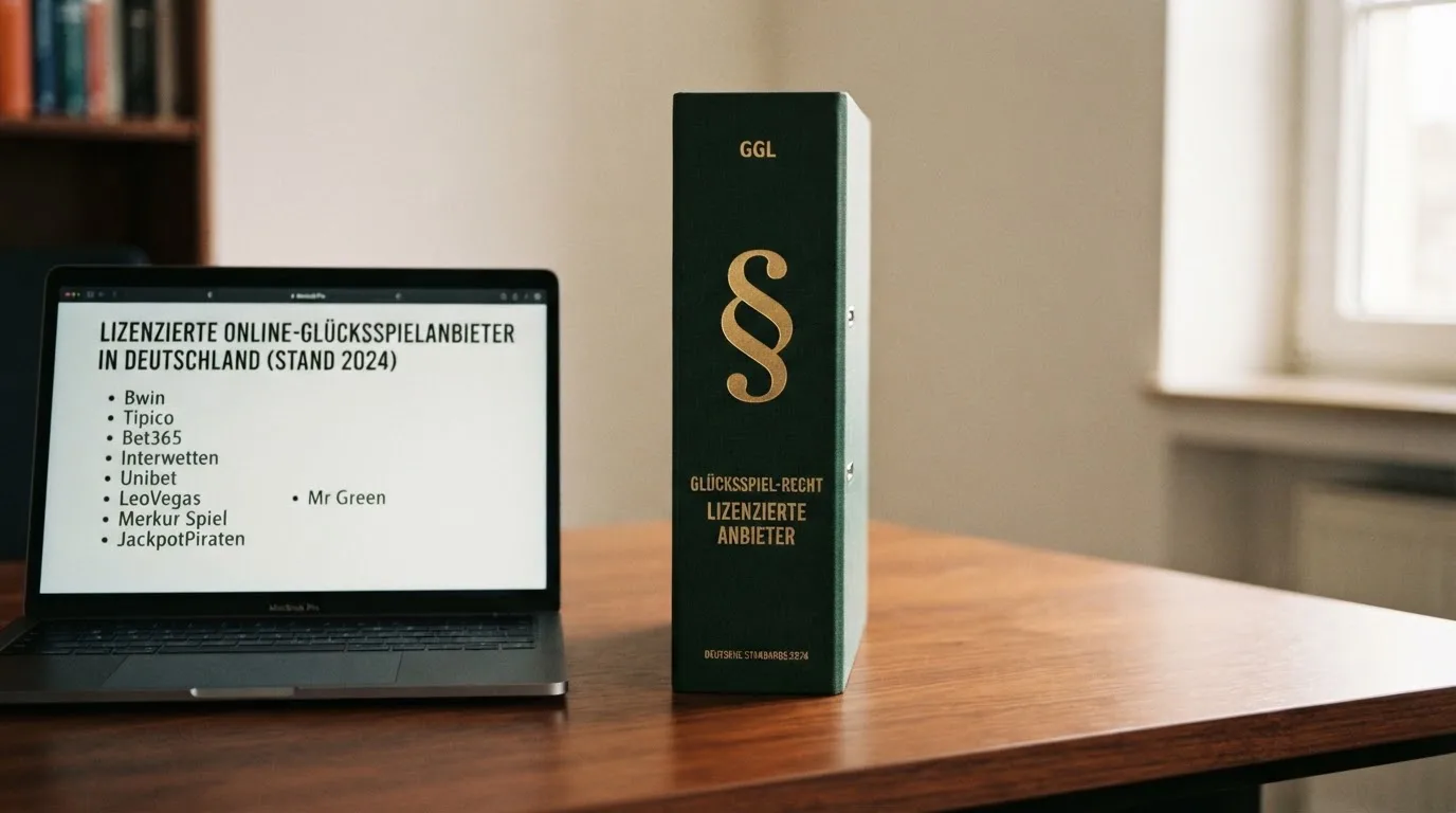 Nahaufnahme eines Aktenordners mit Paragraphenzeichen auf dem Ruecken, daneben ein aufgeklapptes Notebook mit einer Uebersichtsliste lizenzierter Anbieter.