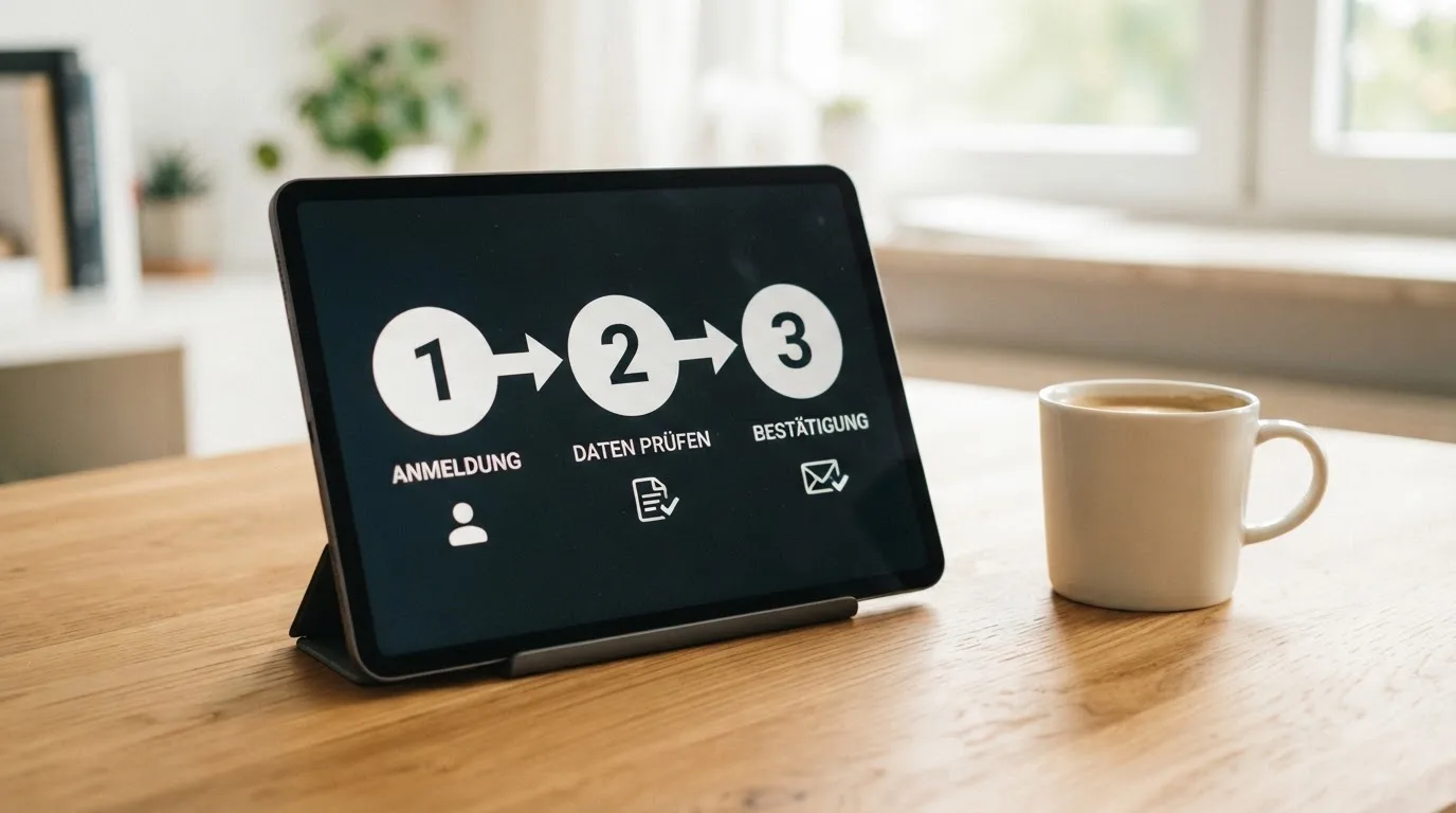 Schreibtisch mit einem Tablet, auf dem ein Schema mit nummerierten Schritten eines Anmeldevorgangs zu sehen ist, daneben ein Kaffeebecher.