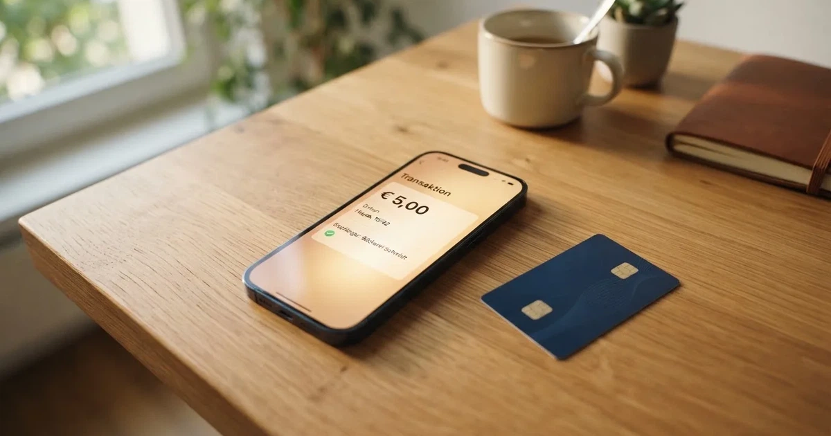 Schreibtisch mit einem Smartphone, auf dessen Bildschirm eine Kontobewegung mit Datum und Betrag in Euro angezeigt wird, daneben eine Bankkarte.