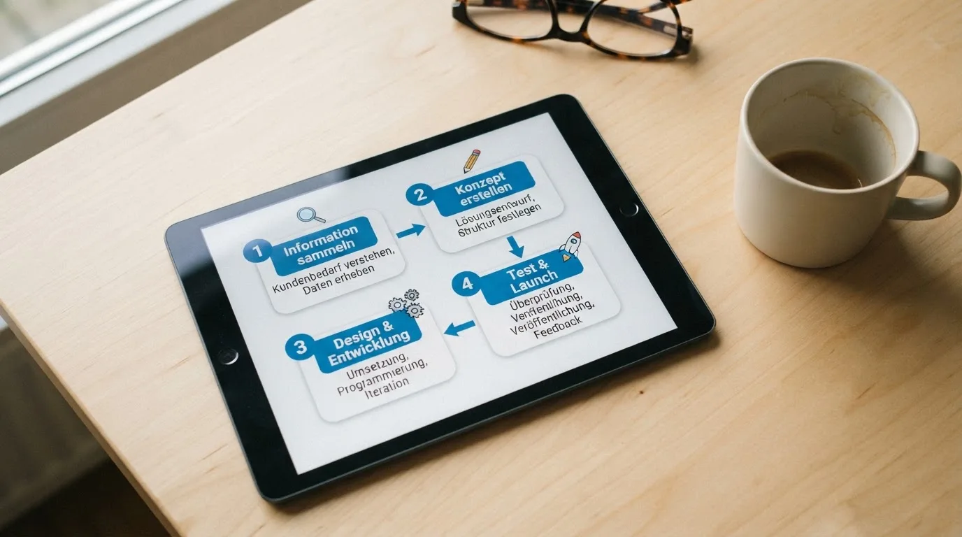 Schreibtisch mit einem Tablet, auf dem ein Schema mit nummerierten Schritten eines Anmeldevorgangs zu sehen ist, daneben ein Kaffeebecher.