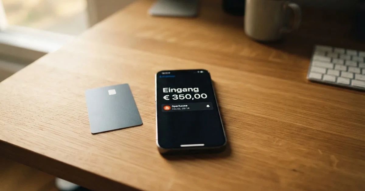Schreibtisch mit einem Smartphone, auf dessen Bildschirm eine Kontobewegung mit Datum und Betrag in Euro angezeigt wird, daneben eine Bankkarte.