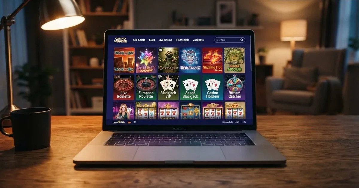 Bildschirm mit einer Rasteransicht mehrerer Automatenspiel-Kacheln in einem Online-Casino.