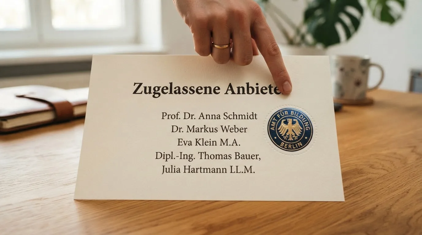 Nahaufnahme einer gedruckten Liste zugelassener Glücksspielanbieter neben einem amtlichen Prüfsiegel.