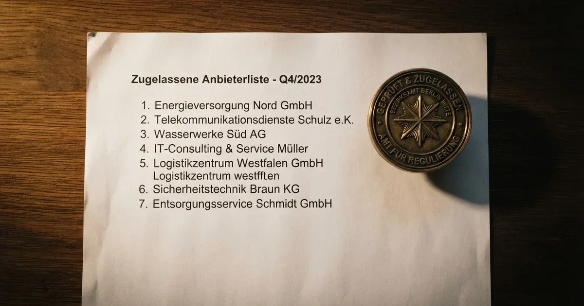 Nahaufnahme einer gedruckten Anbieterliste neben einem amtlichen Prüfsiegel auf einem Schreibtisch.