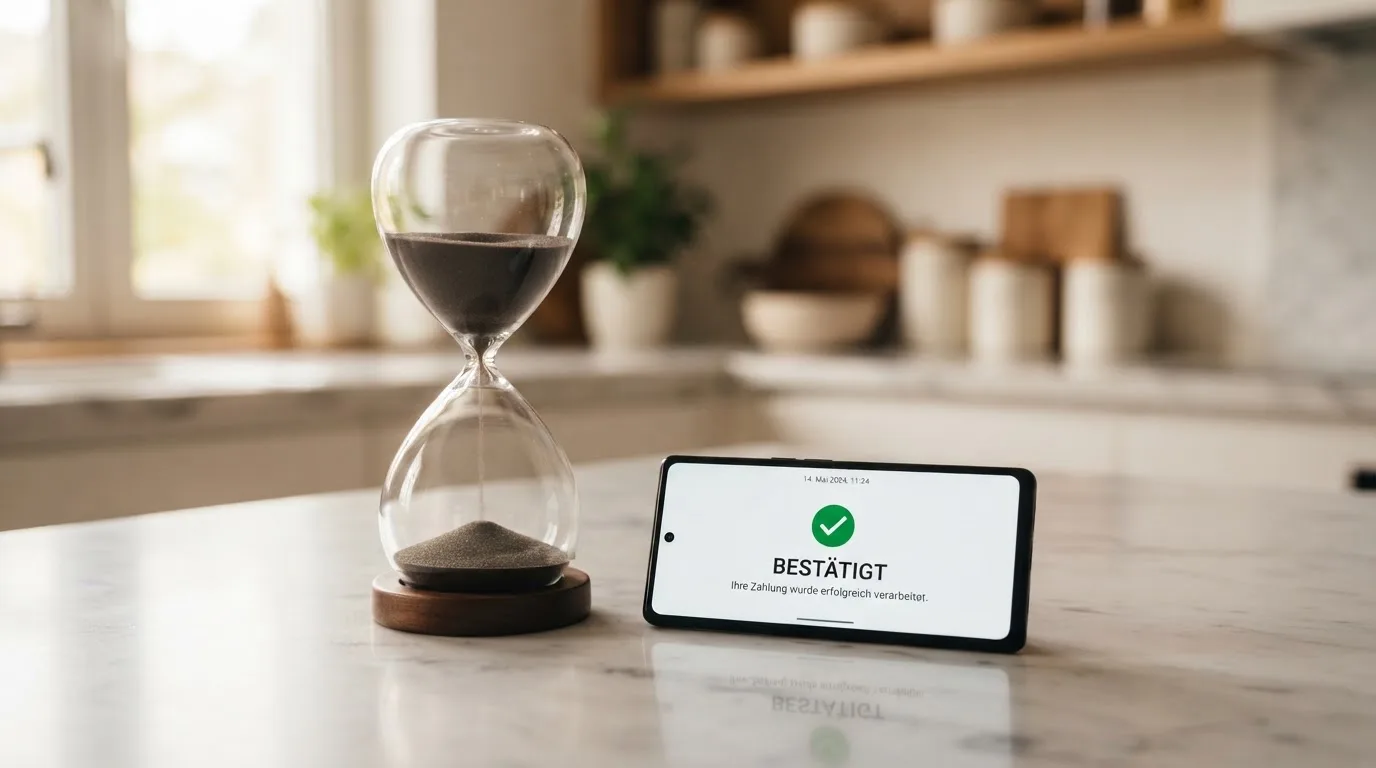 Nahaufnahme einer Sanduhr neben einem Smartphone-Bildschirm mit einer Zahlungsbestätigung.