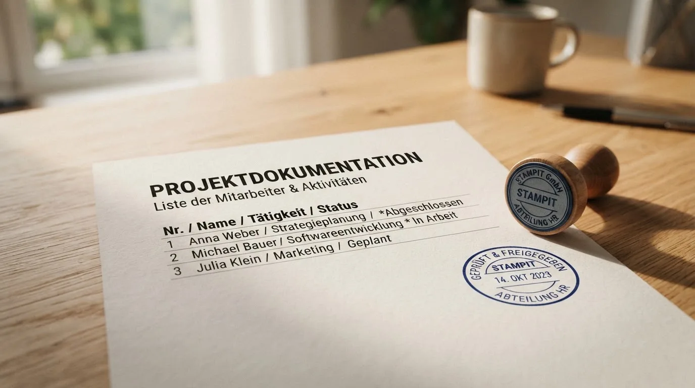 Nahaufnahme einer gedruckten Anbieterliste neben einem amtlichen Prüfsiegel.
