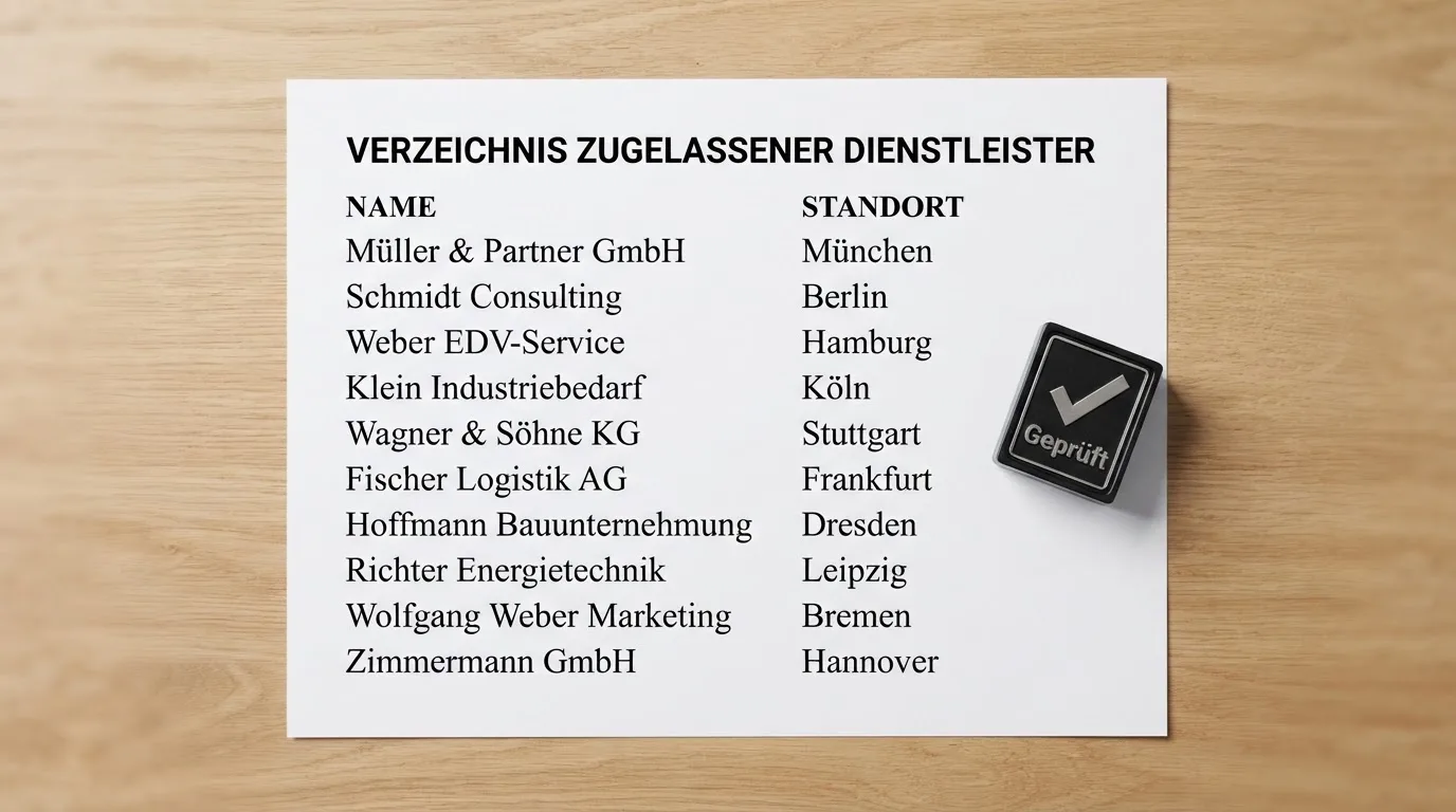 Nahaufnahme einer gedruckten Anbieterliste neben einem amtlichen Prüfsiegel.