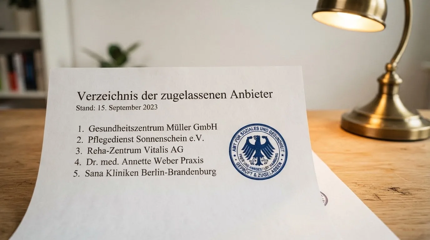 Nahaufnahme einer gedruckten Anbieterliste neben einem amtlichen Prüfsiegel.