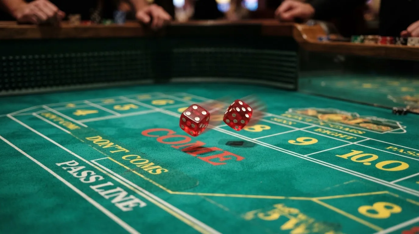 Nahaufnahme zweier rollender Würfel auf einem grünen Spieltisch.