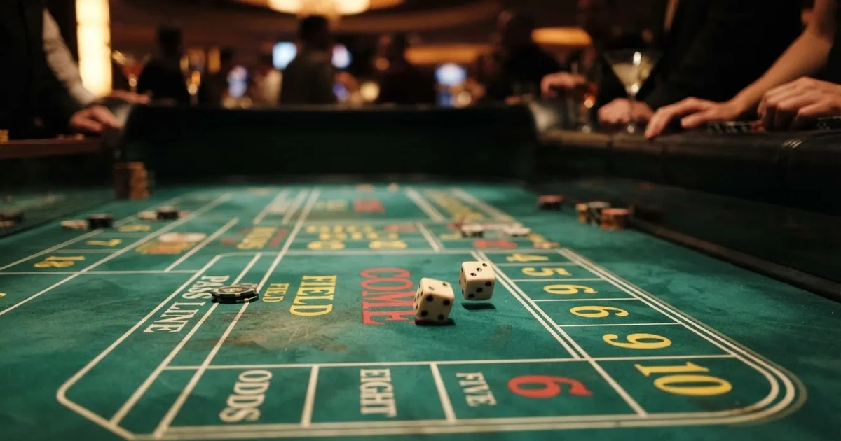 Nahaufnahme eines Craps-Tisches mit zwei Würfeln und mehreren Setzfeldern.