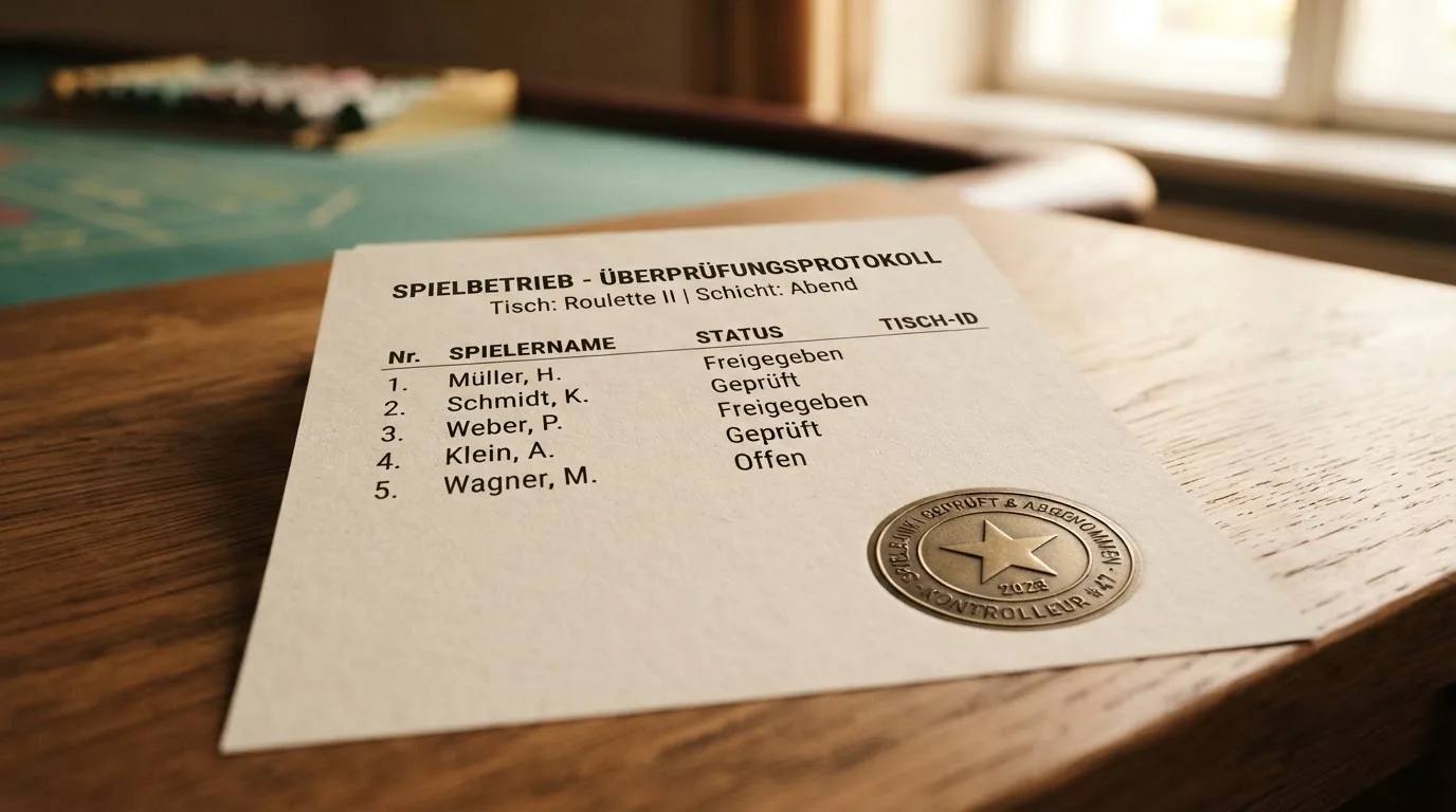 Nahaufnahme einer gedruckten Anbieterliste neben einem amtlichen Prüfsiegel.