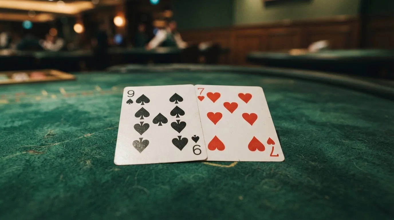 Nahaufnahme zweier aufgedeckter Spielkarten neben einem grünen Kartentisch.
