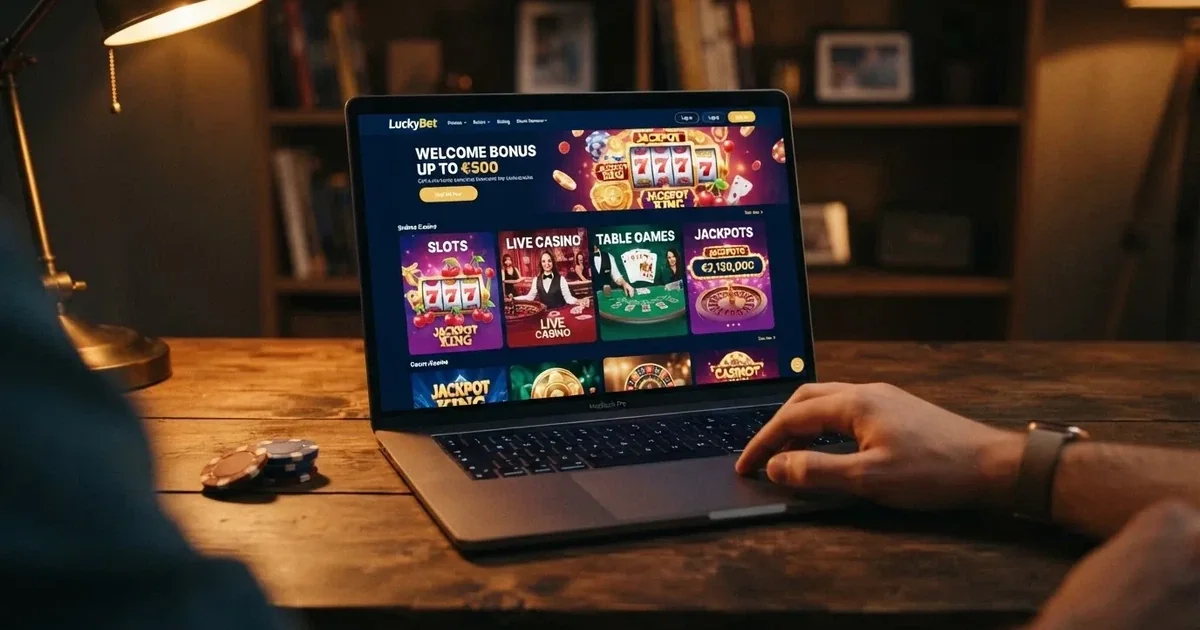 Bildschirm mit einer Startseite eines Online-Casinos mit mehreren Spielkategorien.