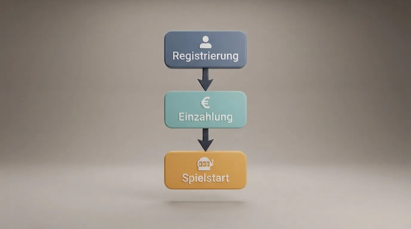 Schematische Illustration eines Ablaufdiagramms mit Pfeilen zwischen Kontoeröffnung, Einzahlung und Spielstart.