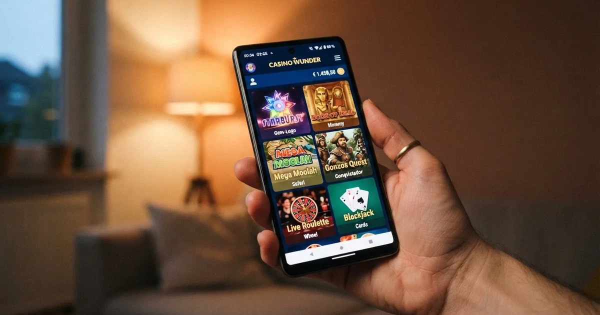 Nahaufnahme einer Hand, die ein Smartphone mit einer App-Startseite hält, im Hintergrund unscharf ein Wohnzimmer.