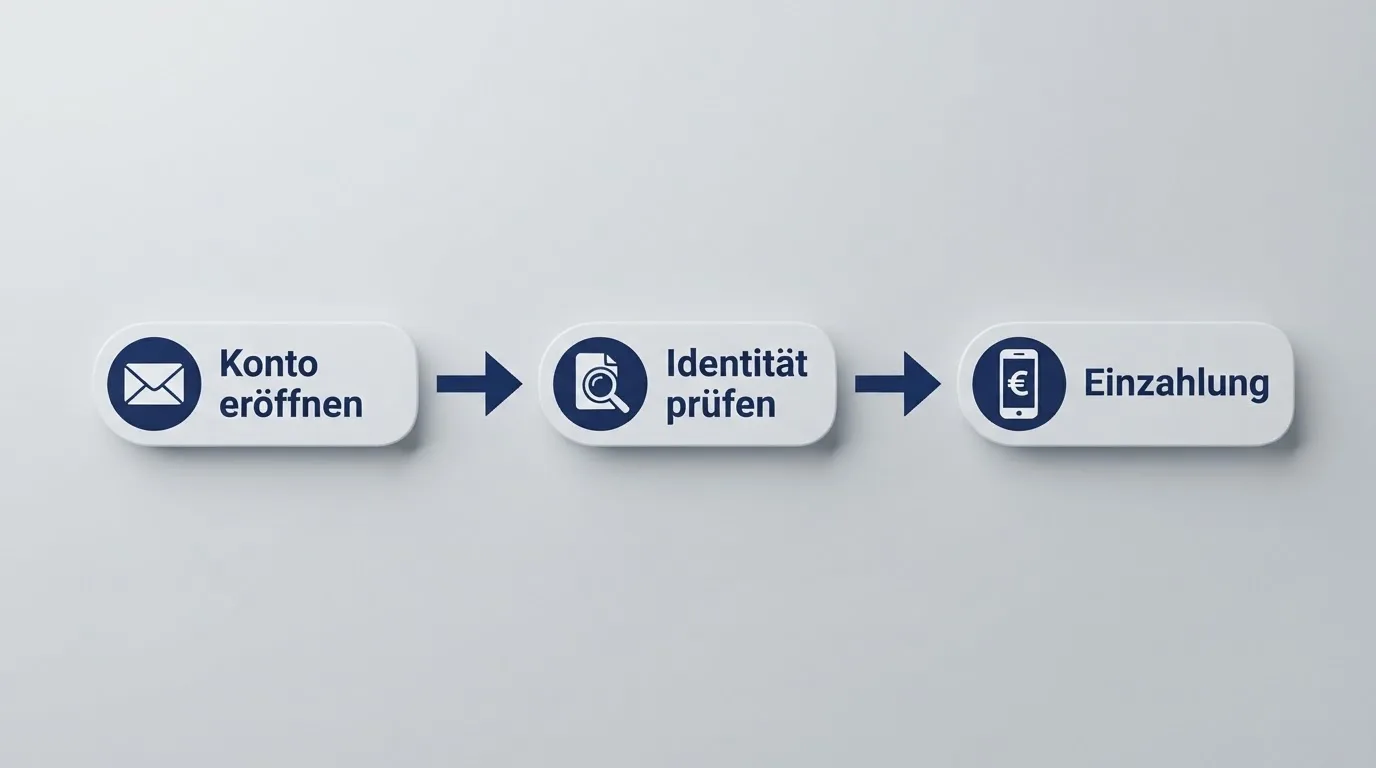 Schematische Darstellung eines Ablaufs von Kontoeröffnung über Identitätsprüfung bis zur ersten Einzahlung als einfaches Liniendiagramm.