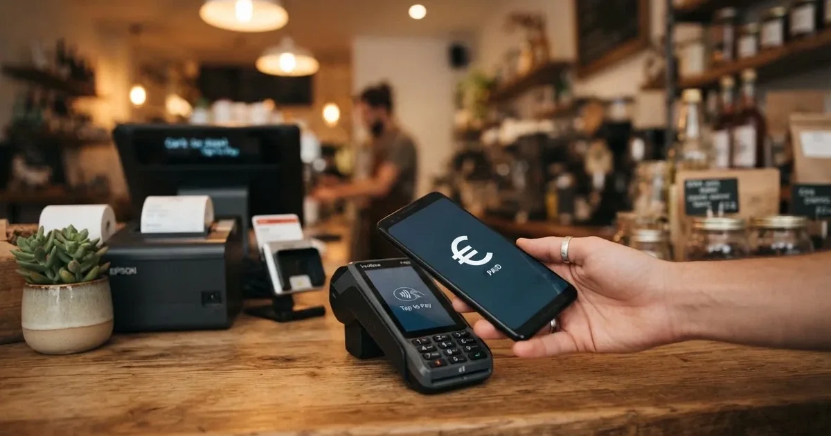 Nahaufnahme eines Smartphones, das kontaktlos an ein Zahlungsterminal gehalten wird, im Hintergrund eine Ladenkasse.