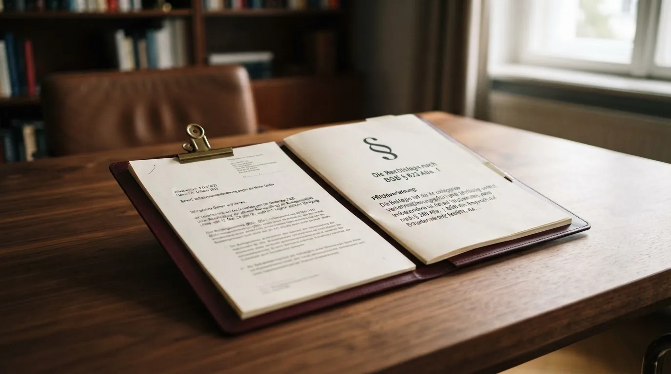 Aktenordner mit Paragraphenzeichen und Gesetzestext auf einem Holztisch.