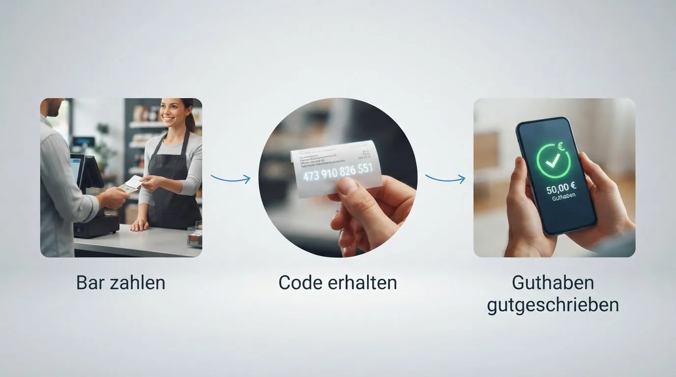 Illustration eines Ablaufs von Barzahlung an der Kasse bis zur Gutschrift auf dem Spielerkonto.