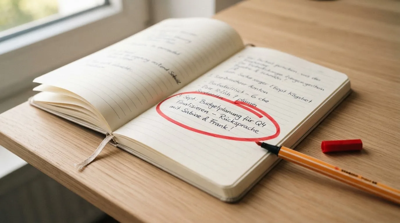 Nahaufnahme eines Kalenders mit einem markierten Datum auf einem Schreibtisch.