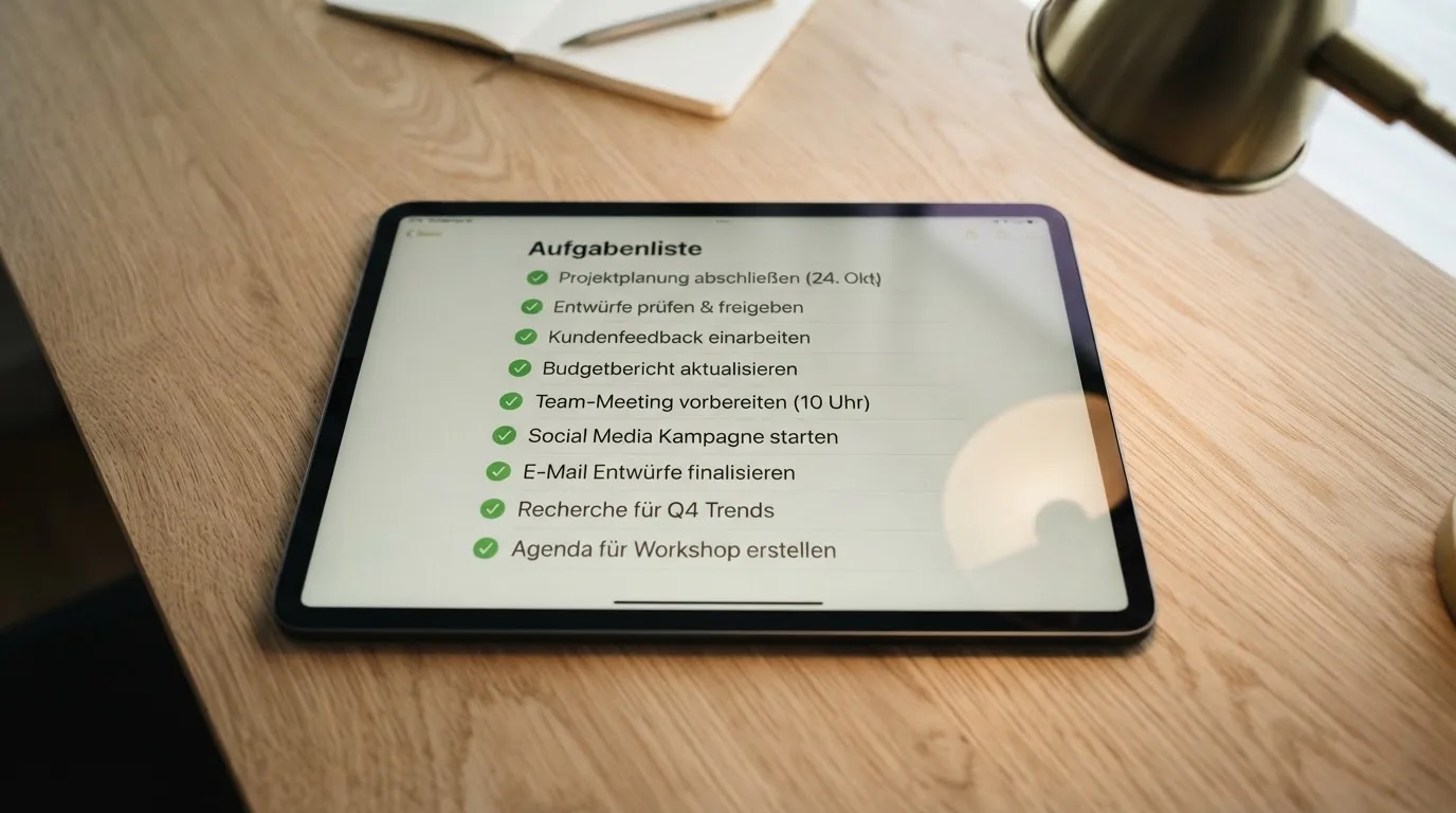 Tablet mit einer digitalen Liste und Häkchen-Symbolen auf einem Schreibtisch.