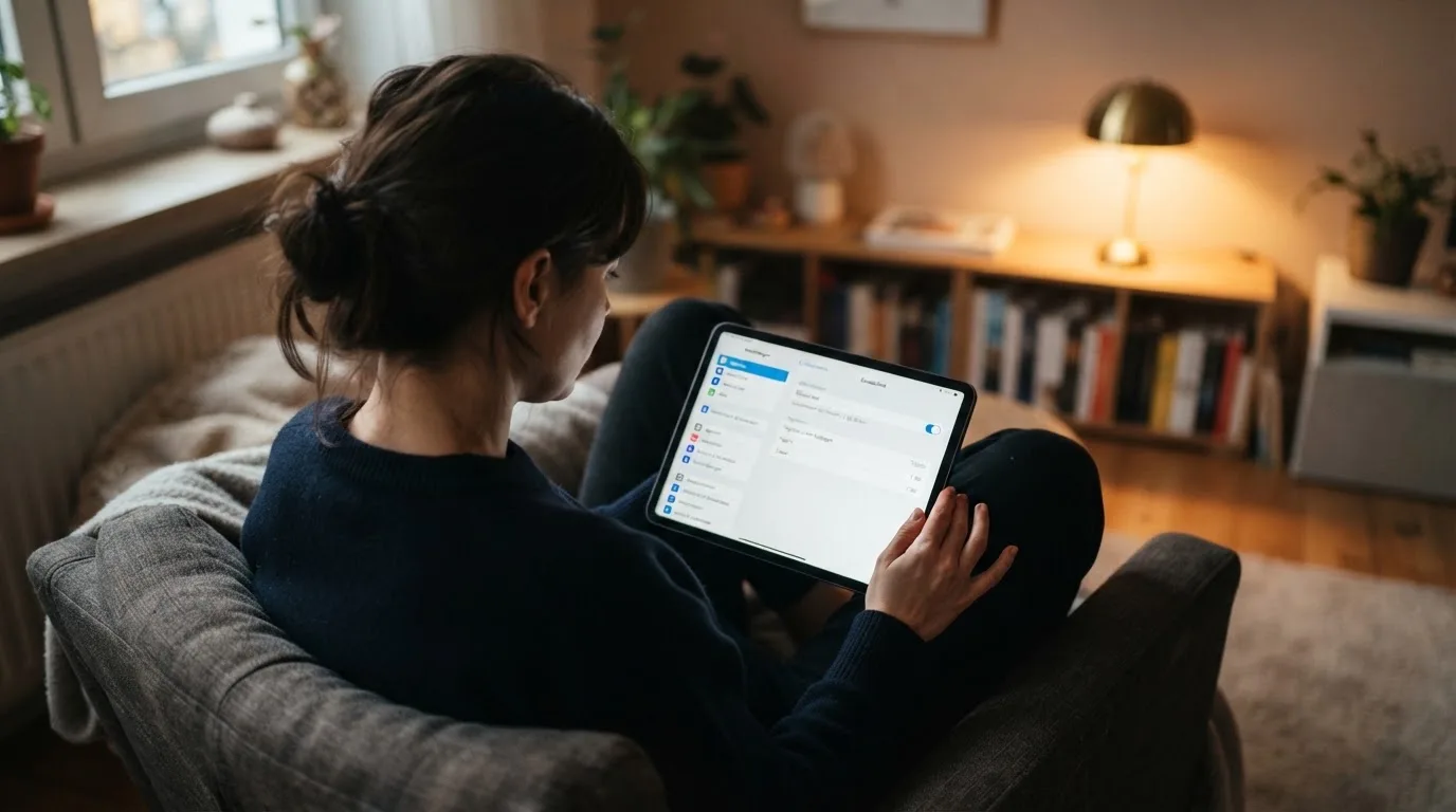 Person betrachtet nachdenklich eine App mit Einstellungsmenü auf einem Tablet in einem ruhigen Wohnzimmer.