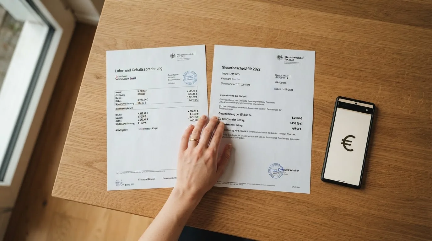 Person legt Gehaltsabrechnungen und einen Steuerbescheid auf einen Schreibtisch.