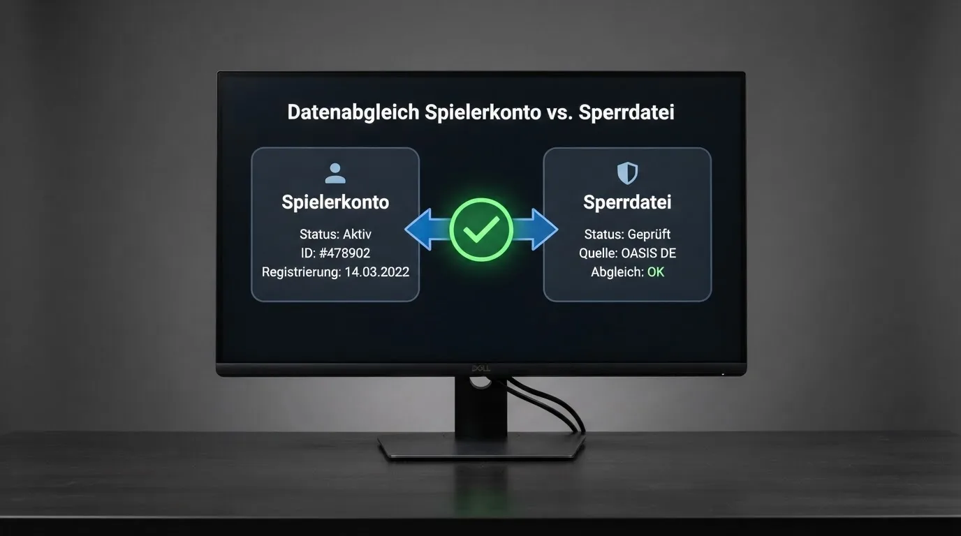 Schema eines Datenabgleichs zwischen einem Spielerkonto und einer zentralen Sperrdatei auf einem Monitor.