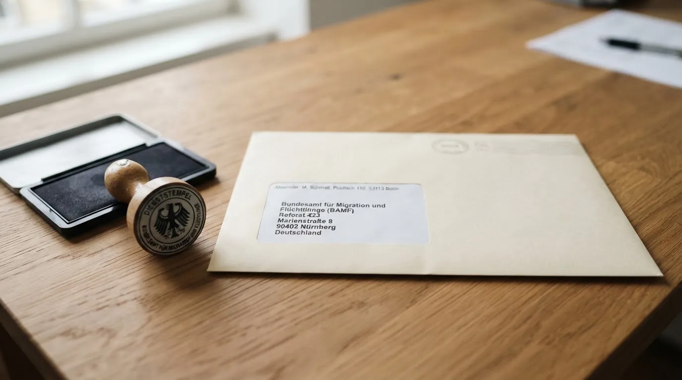 Briefumschlag mit Adressaufkleber auf einem Schreibtisch neben einem Aktenstempel.