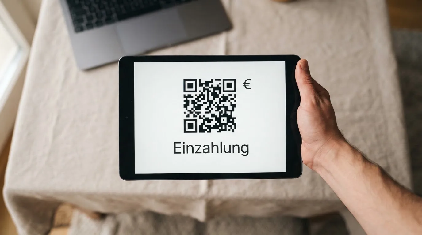 Nahaufnahme einer Hand, die auf einem Tablet einen QR-Code für eine Kryptowährungs-Einzahlung scannt.