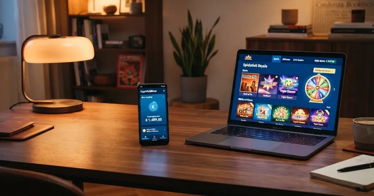 Smartphone-Bildschirm zeigt eine Kryptowährungs-Wallet mit einem BNB-Guthaben neben einem Laptop mit einer Casino-Weboberfläche.