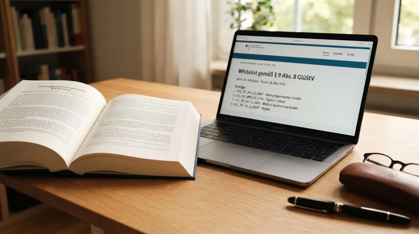 Nahaufnahme eines Gesetzestextes neben einem Laptop mit einer Behördenwebsite auf dem Bildschirm.