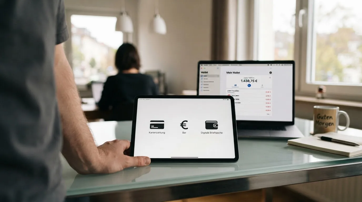 Person zeigt auf einem Tablet eine Liste von Zahlungsmethoden, während im Hintergrund ein Laptop mit einer Wallet-App steht.