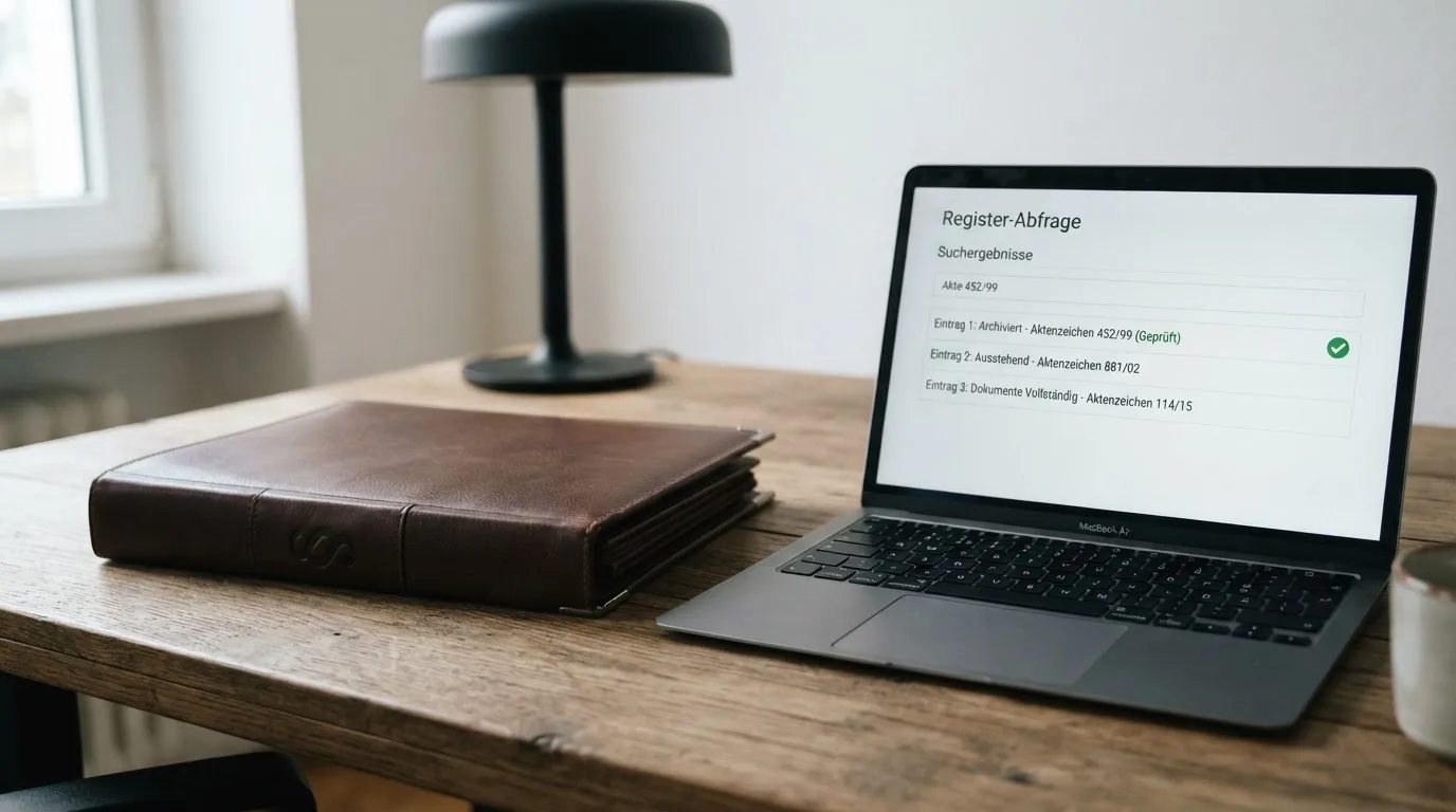 Nahaufnahme eines Aktenordners mit Paragraphenzeichen neben einem Computerbildschirm mit einer Behördenseite.