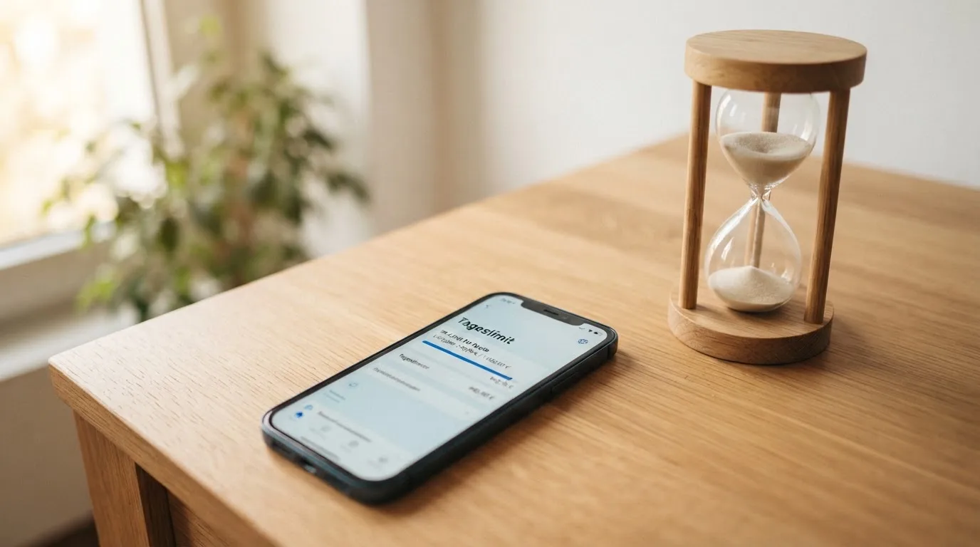 Nahaufnahme einer Sanduhr neben einem Smartphone mit einer Limit-Anzeige.